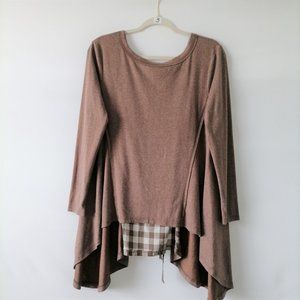 A' REVE Womens Brown Long Sleeve Round Neck Tie In Back Stretch Tunic Top Size S